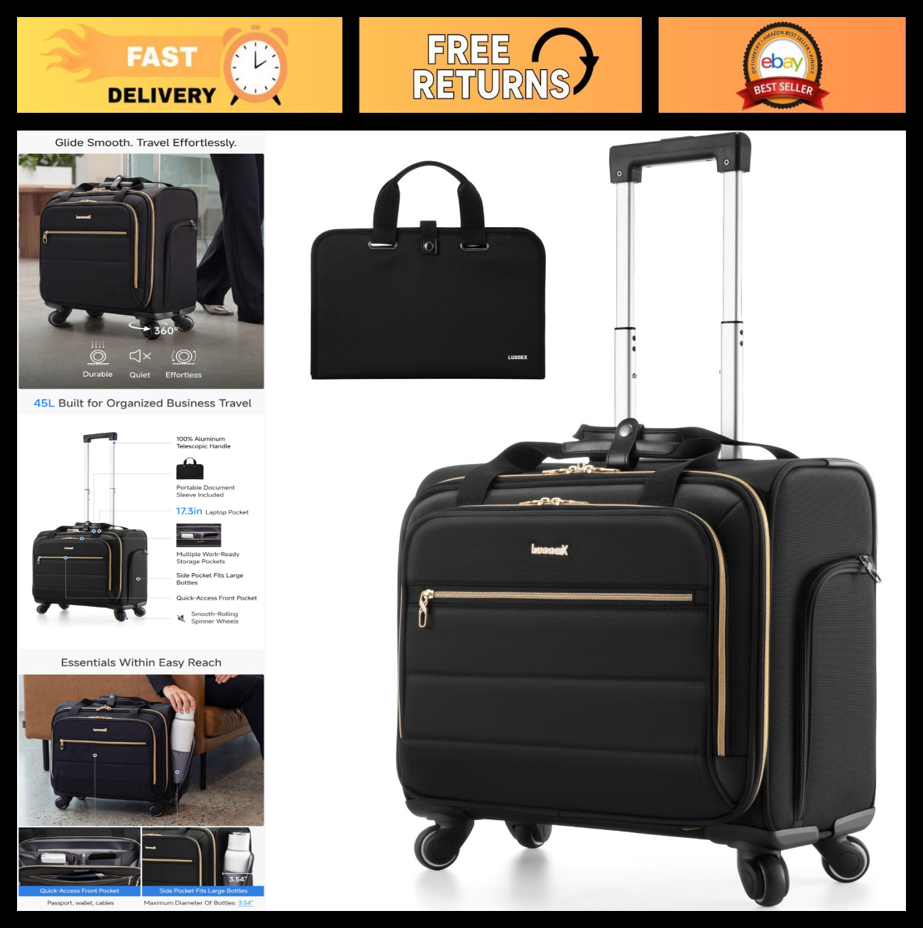 18" Rolling Laptop Bag - Black Travel Case with Wheels, Durable & Stylish Design