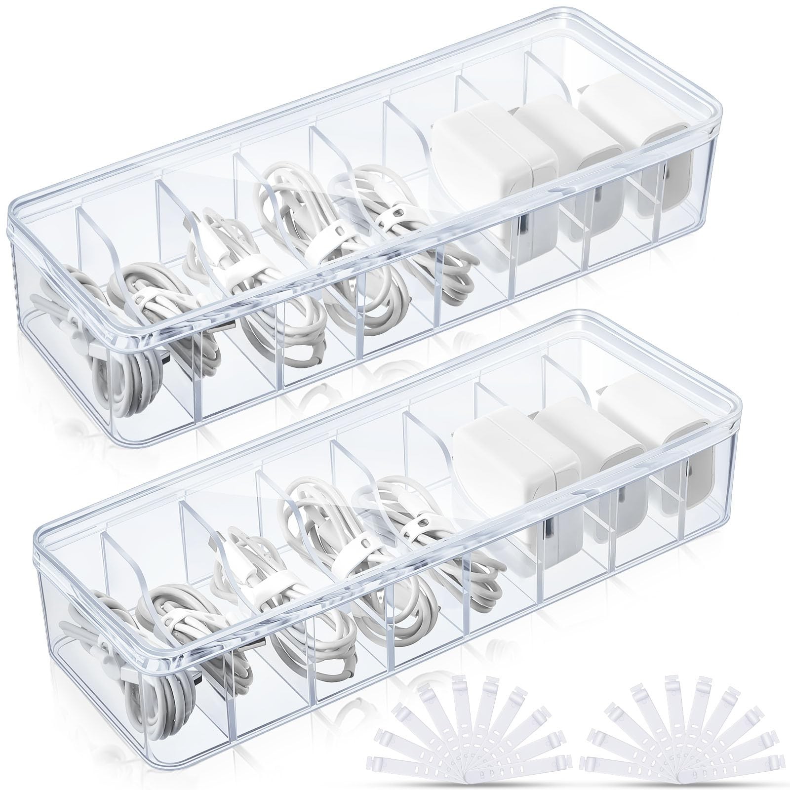 Tatuo Cord Organizer Box with Lid, Clear, 2 Pack Small, Clear