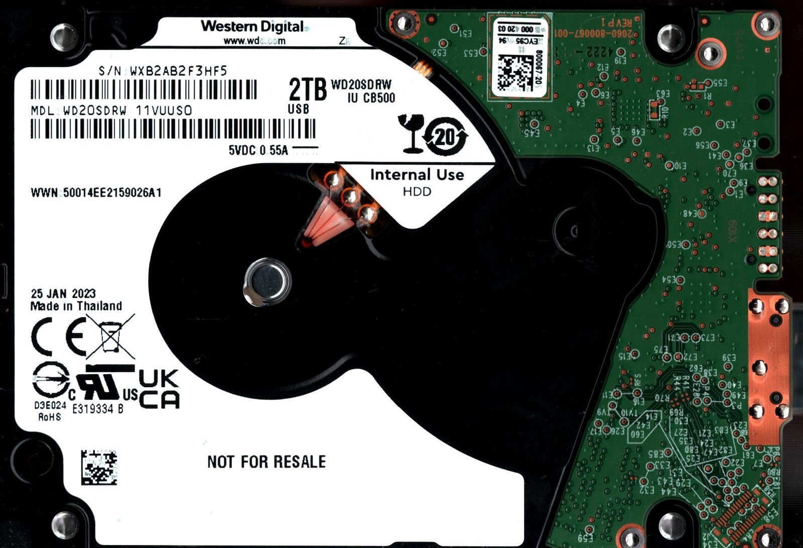 WD20SDRW-11VUUS0 S/N: WXB2A WESTERN DIGITAL 2TB THAILAND JAN 2023