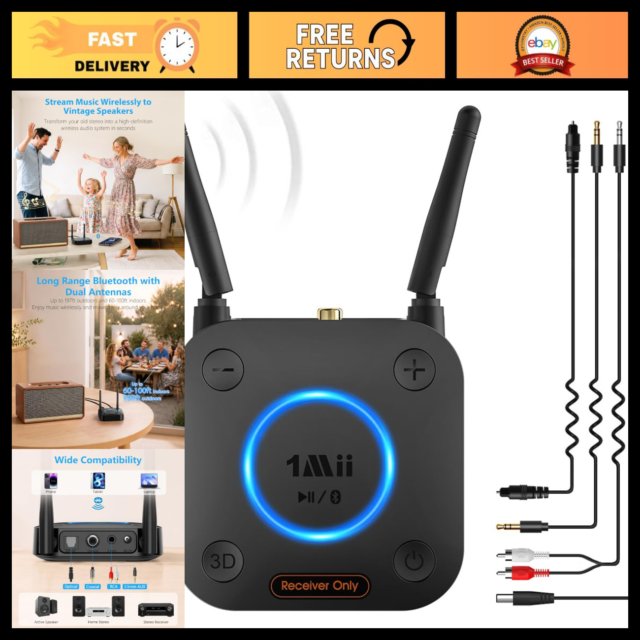 Long Range Bluetooth 5.3 Receiver, HiFi Wireless Audio Adapter, aptX HD, Low Lat