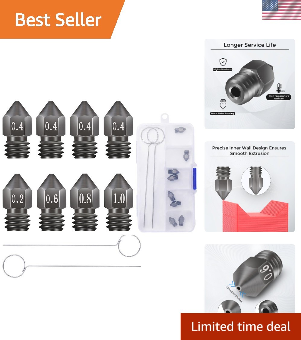 Durable 3D Printer MK8 Nozzles 8Pcs Set (0.2-1.0mm) - Fast Clog Fix Included