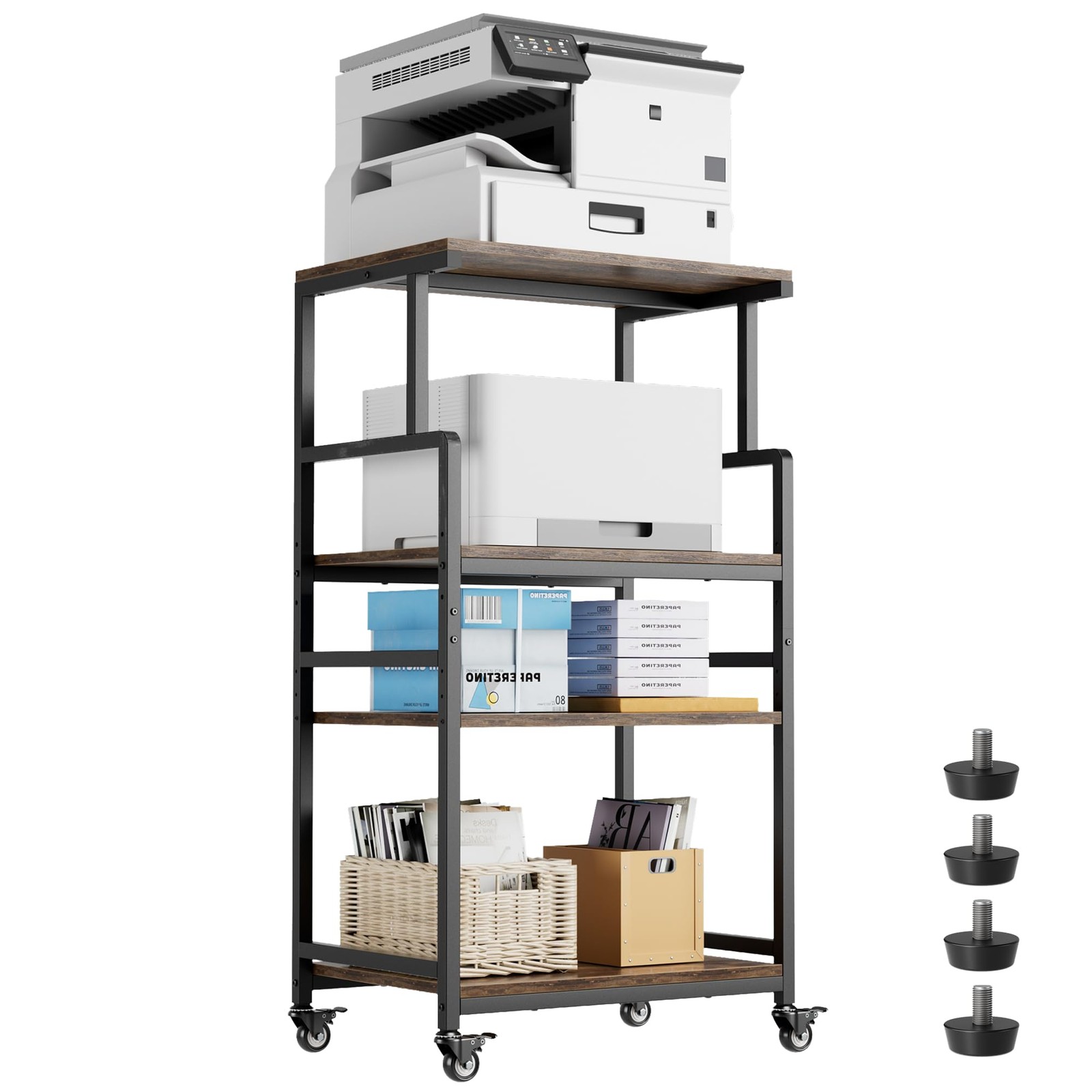 4-Tier Printer Stand, Large Printer Table with Wheels, Open Printers Table fo...