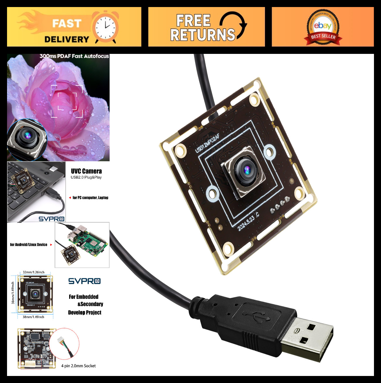 12MP USB Camera Module 4K 30fps Webcam, 1080P 60fps, Fast Auto Focus, UVC Compat