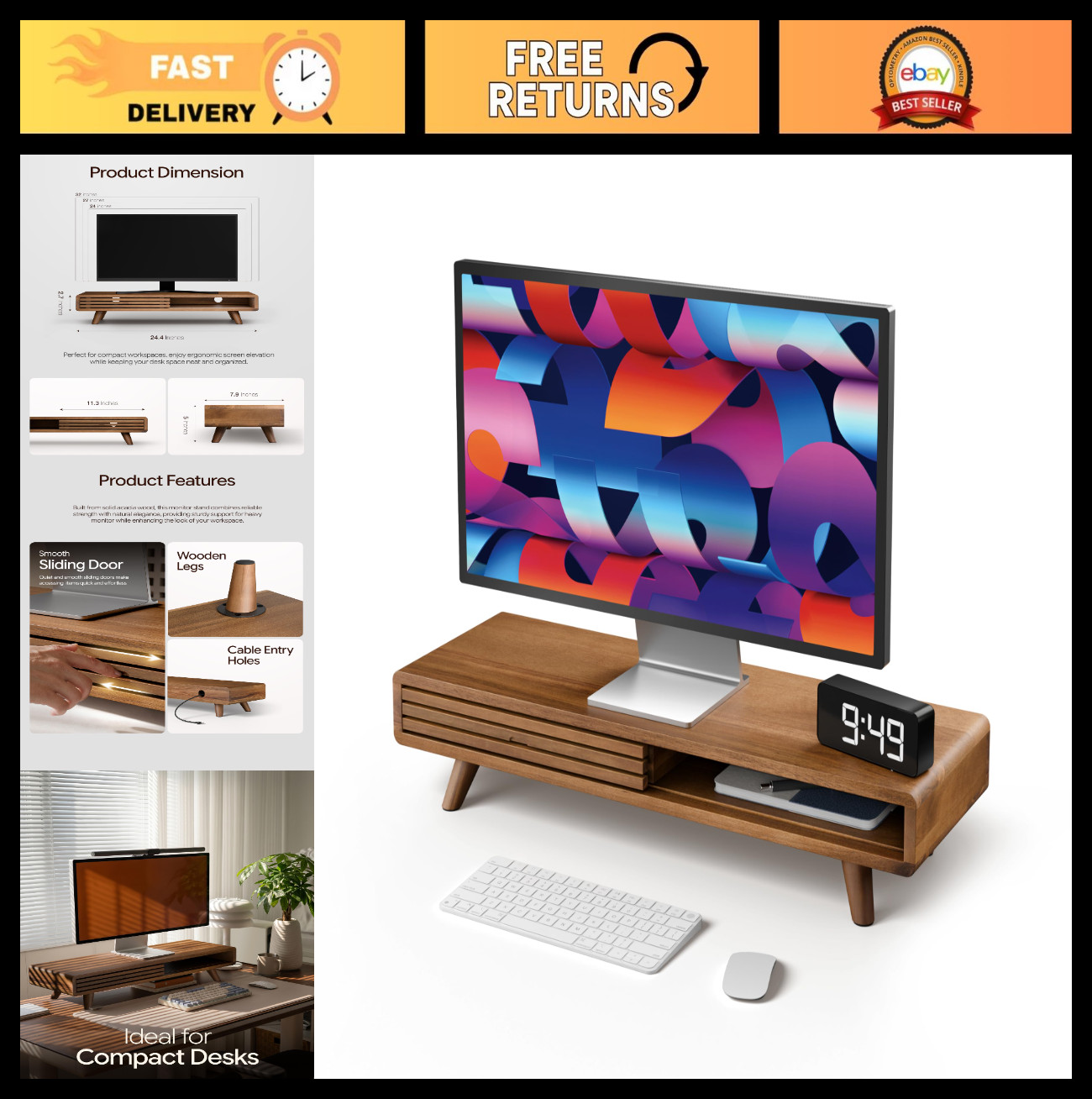 24" Wood Monitor Stand Riser with Cable Management & Sliding Door - Ergonomic De