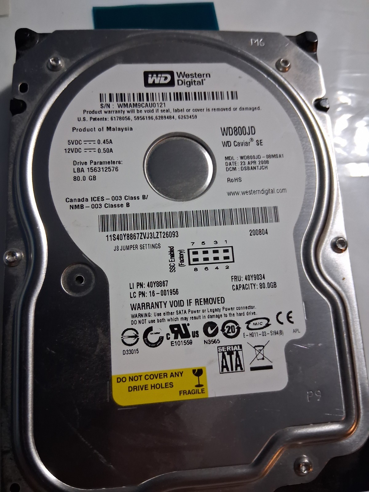 Western Digital 80 GB 7200 RPM 3.5 WD800JD-08MSA1 Hard Drive