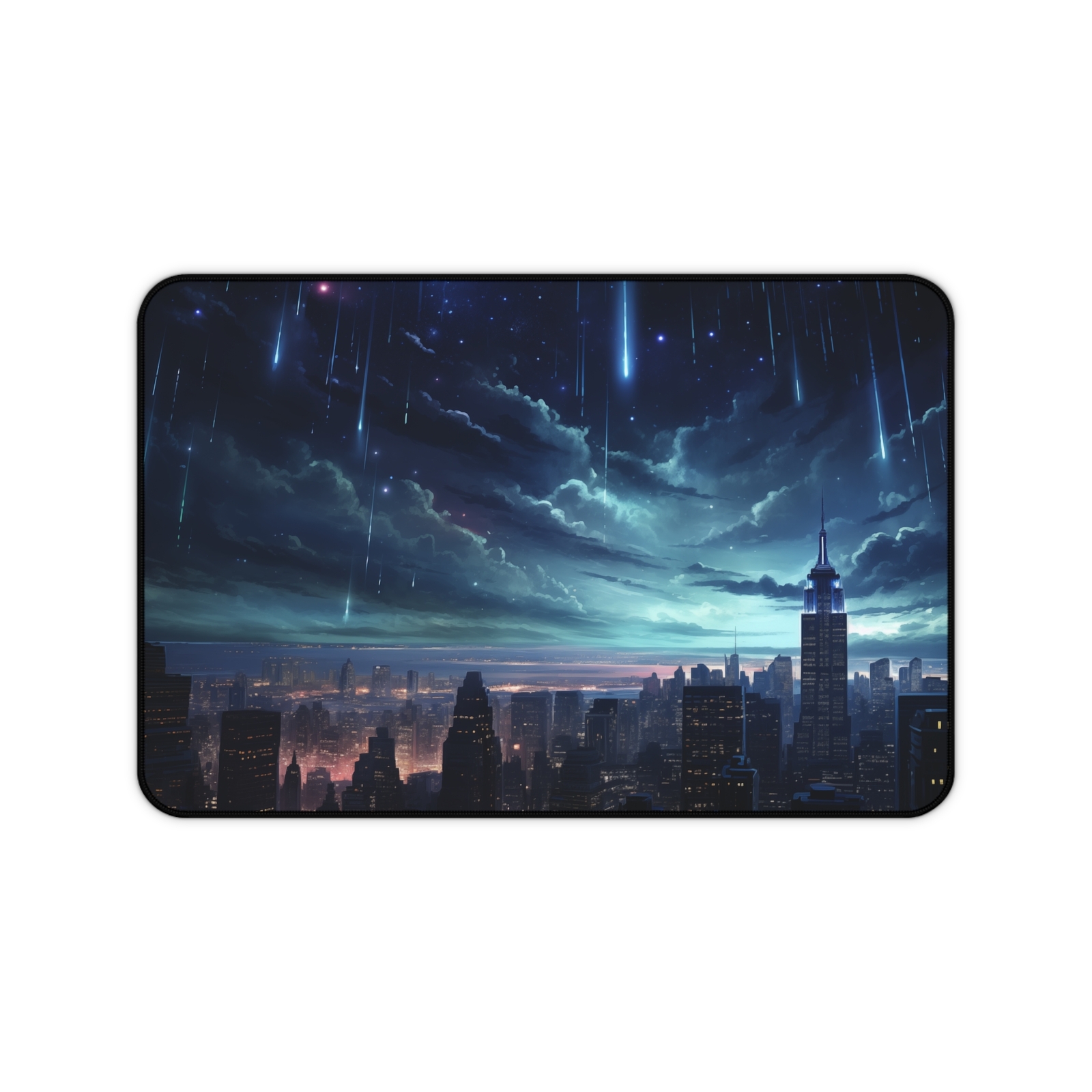 Fantasy World Deskmat Meteor Shower Design, Aesthetic Skyscrapers Mousepad.