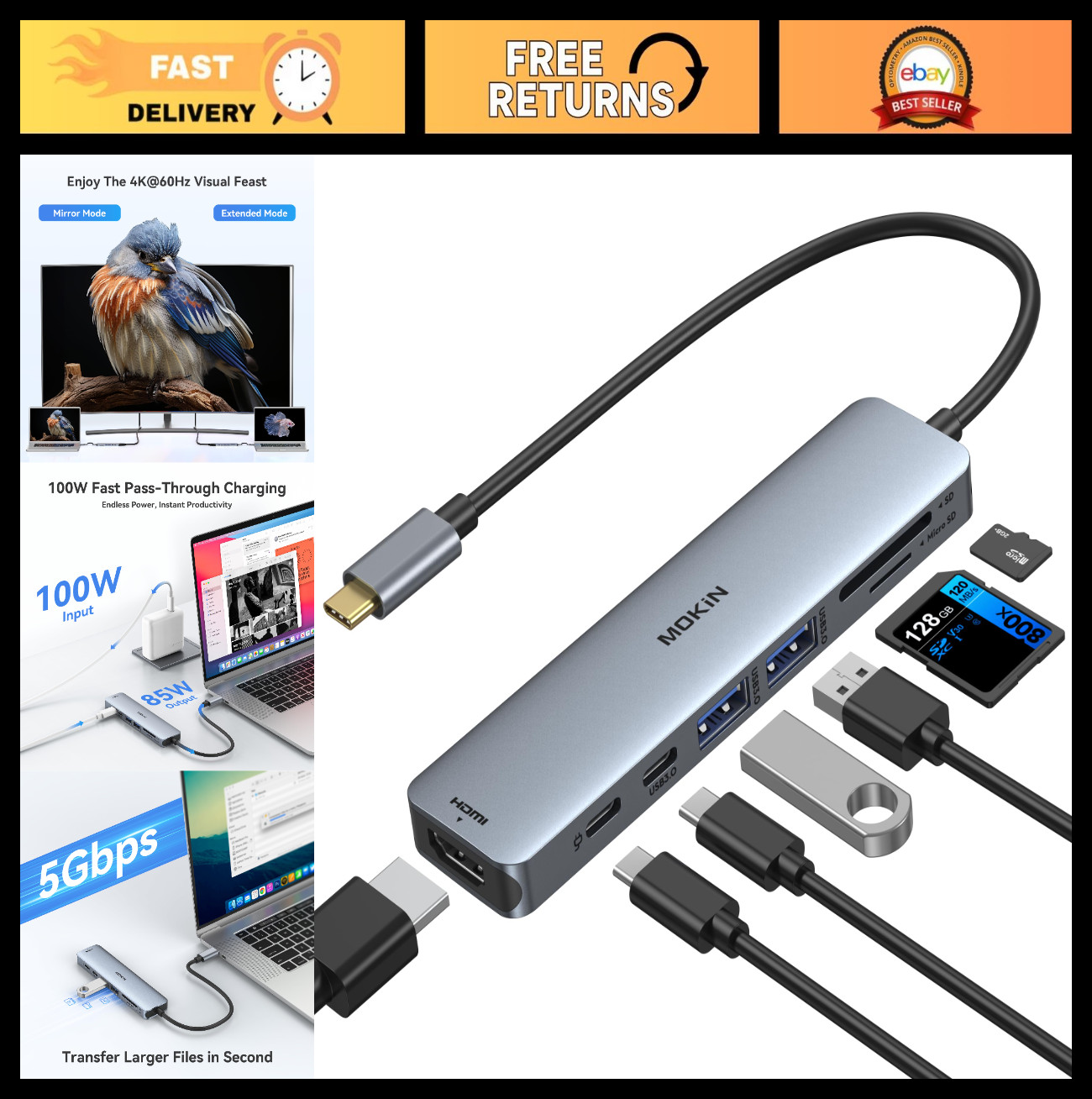 7-in-1 USB C Hub HDMI Adapter for MacBook Pro/Air, Dell XPS, Lenovo - 100W PD, S