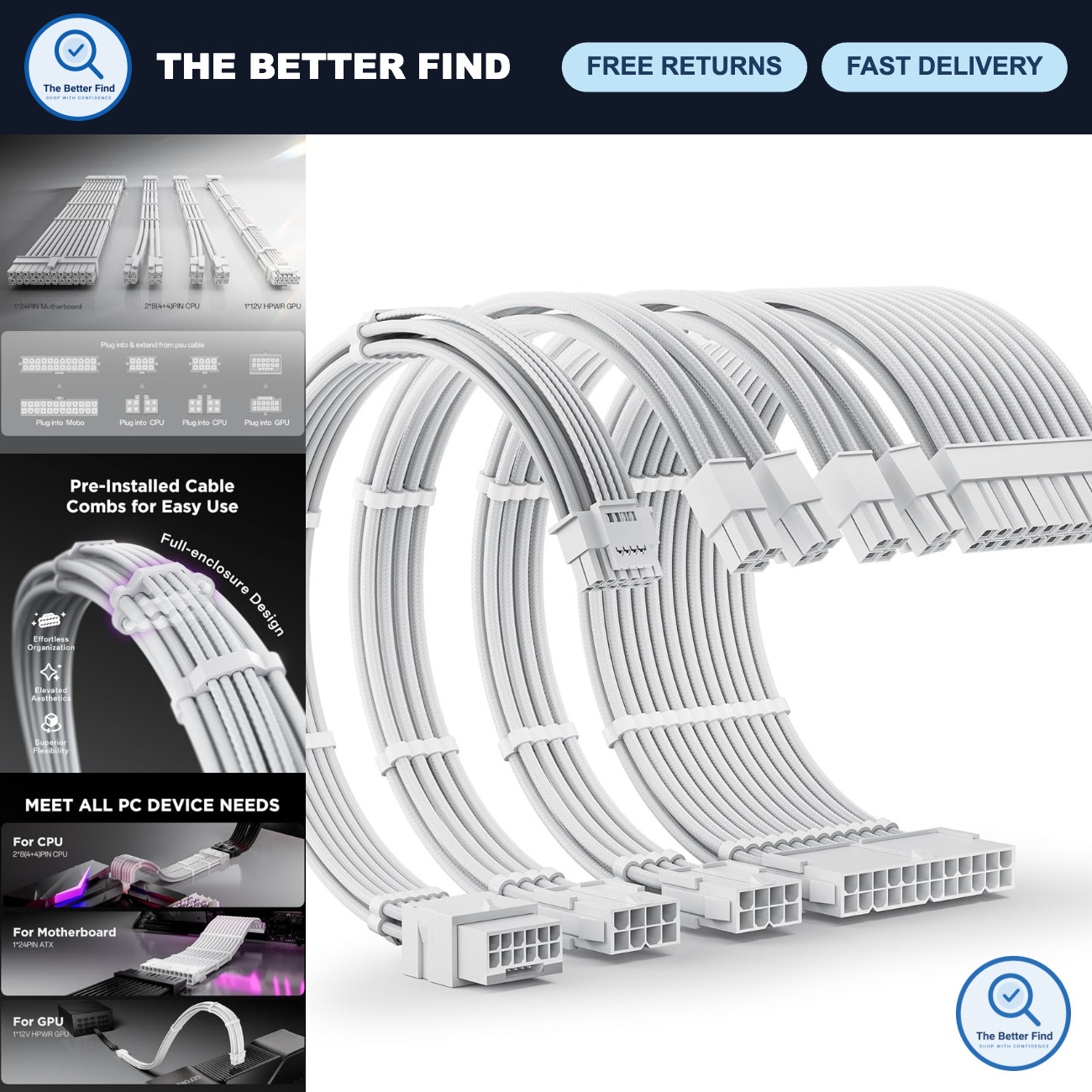 12V PSU Extension Cable Kit for RTX 50/40 Series, 16AWG Braided 16PIN, 30CM