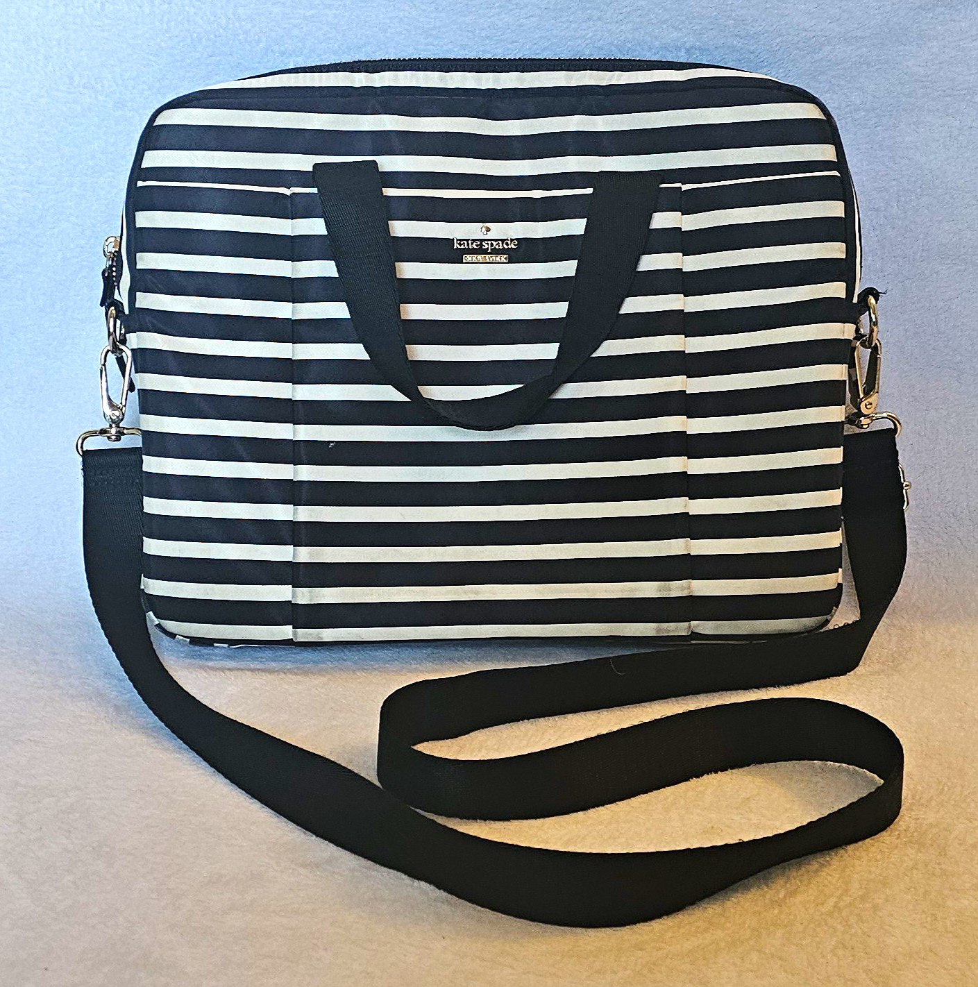 Kate Spade Classic Nylon Striped Laptop Bag Commuter Case Crossbody Black White