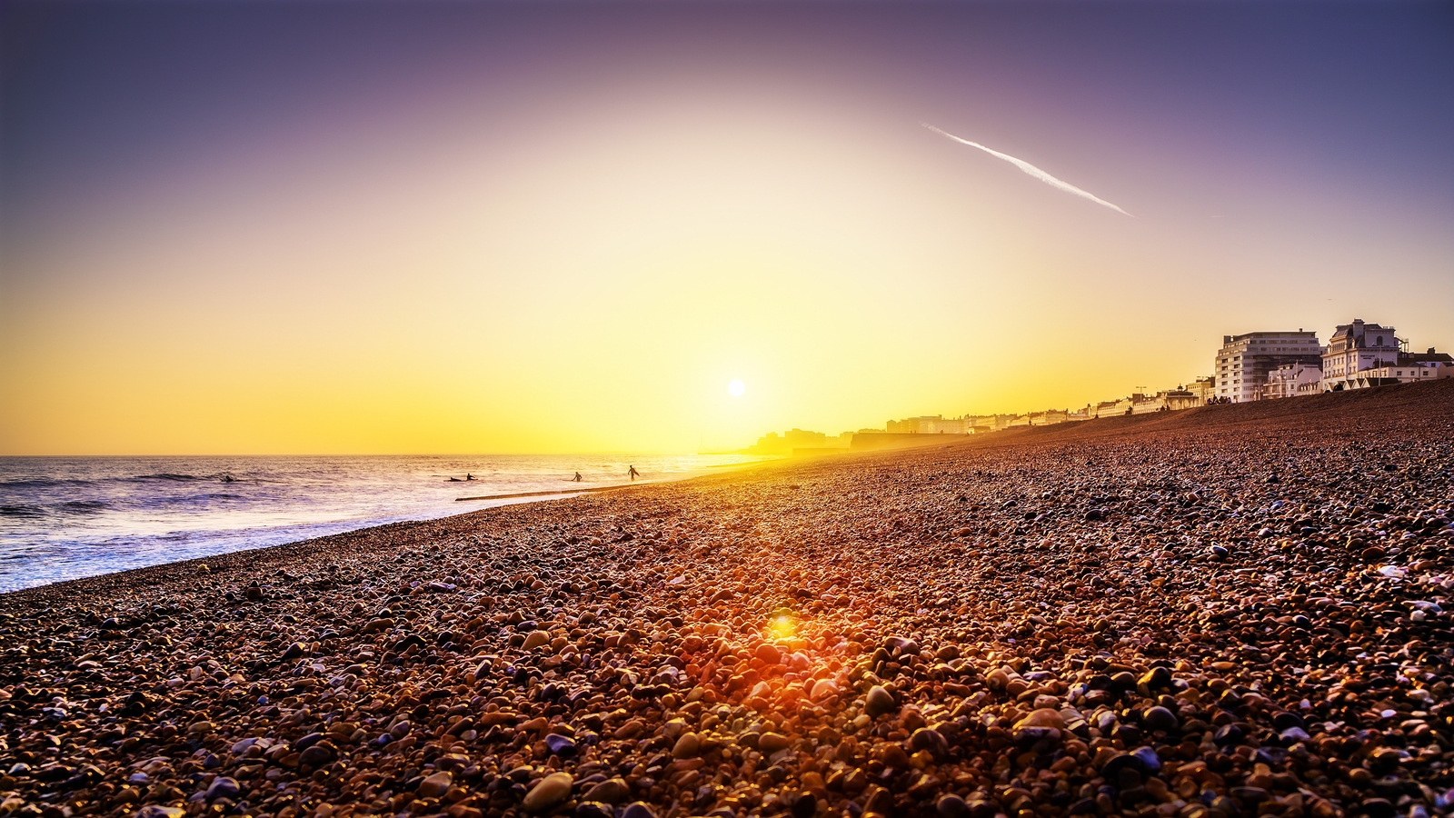 Landscape sea beach stones orange sky pebbles lens flare Custom Gaming Mat Desk