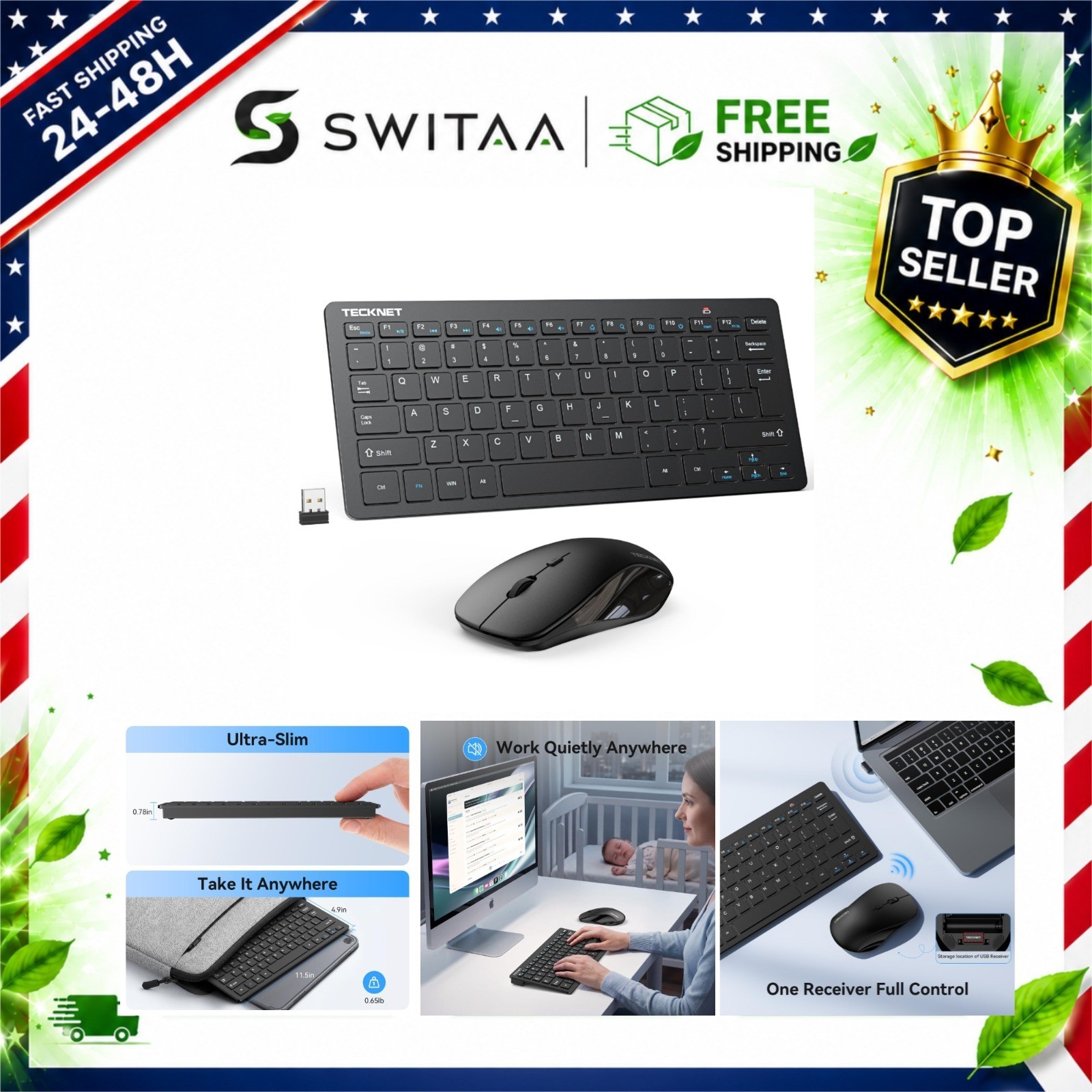 TECKNET Wireless Keyboard and Mouse Combo, 2.4G Mini Silent Set, 1600 DPI, for
