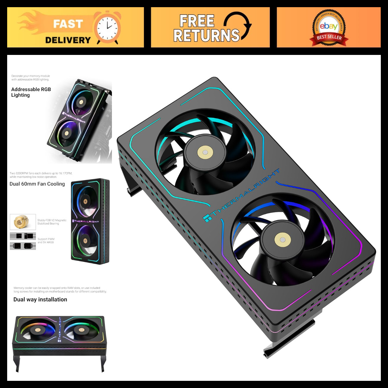 RGB RAM Cooler with Dual 3200RPM Fans, Active Cooling for DDR to DDR5 Memory