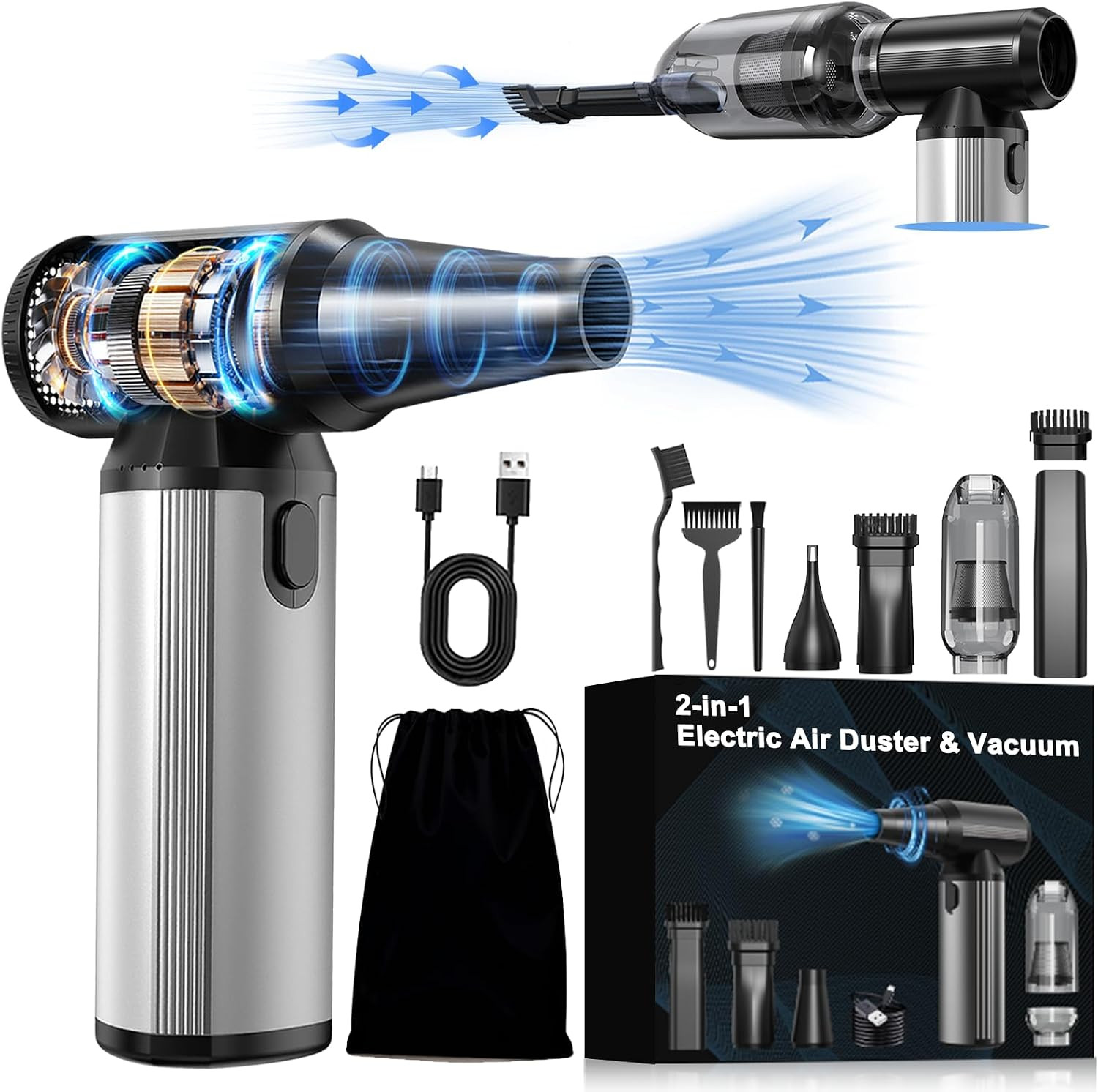 Compressed Air Duster & Vacuum 2-in-1, 320,000 RPM Powerful Brushless Motor