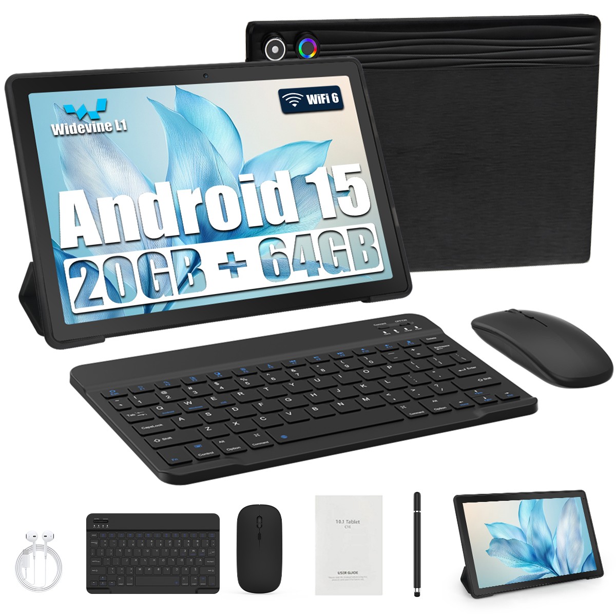 2025 Tablet 10 Inch Android 15, 20GB RAM 64GB ROM 1280x800 IPS w Keyboard/Mouse