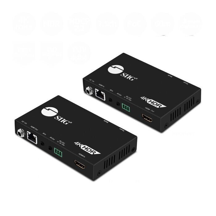 SIIG 4K HDR HDMI 2.0 HDBaseT Extender Over Single Cat5e/6 with RS-232 & IR - 60m