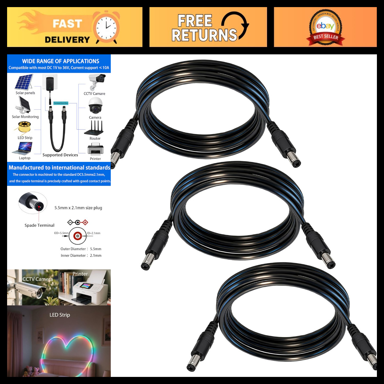 5.5mm x 2.1mm DC Power Cable - 3-Pack, 9.8FT Length, Universal Compatibility