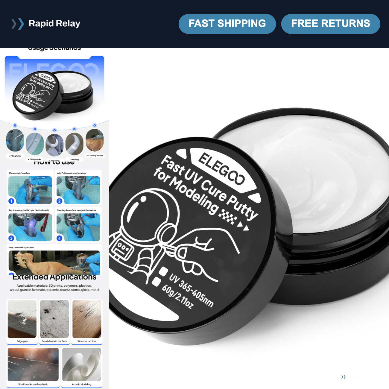 UV Resin Putty for 3D Printing - 60g White Modeling Material, Quick Cure, Easy t