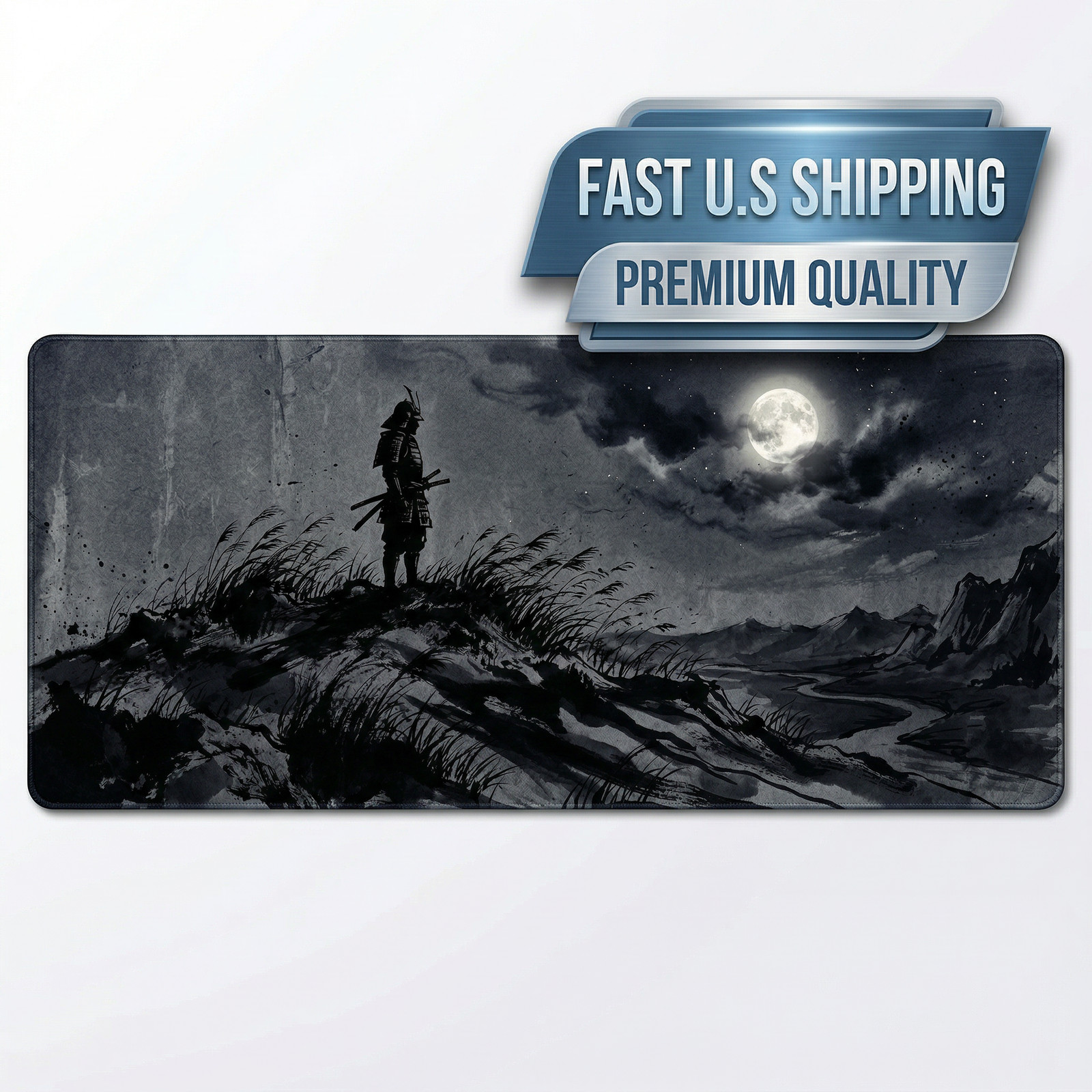 Samurai Moon Silhouette Gaming Mouse Pad Extended Desk Mat 36x18 Japanese Art