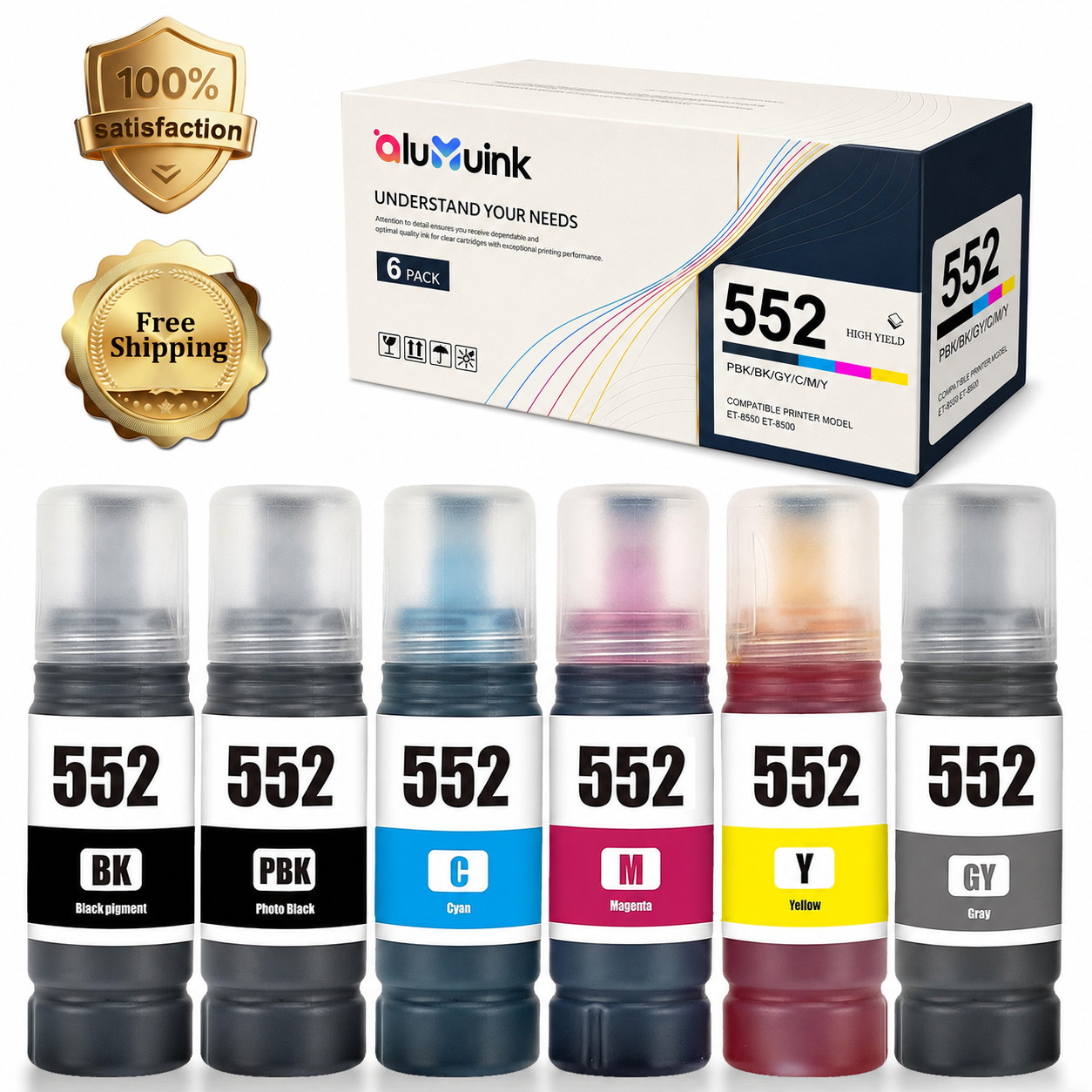 6PK T552 552 Ink Bottles replacement EcoTank ET-8550 ET-8500 (BK/PBK/C/M/Y/GY)