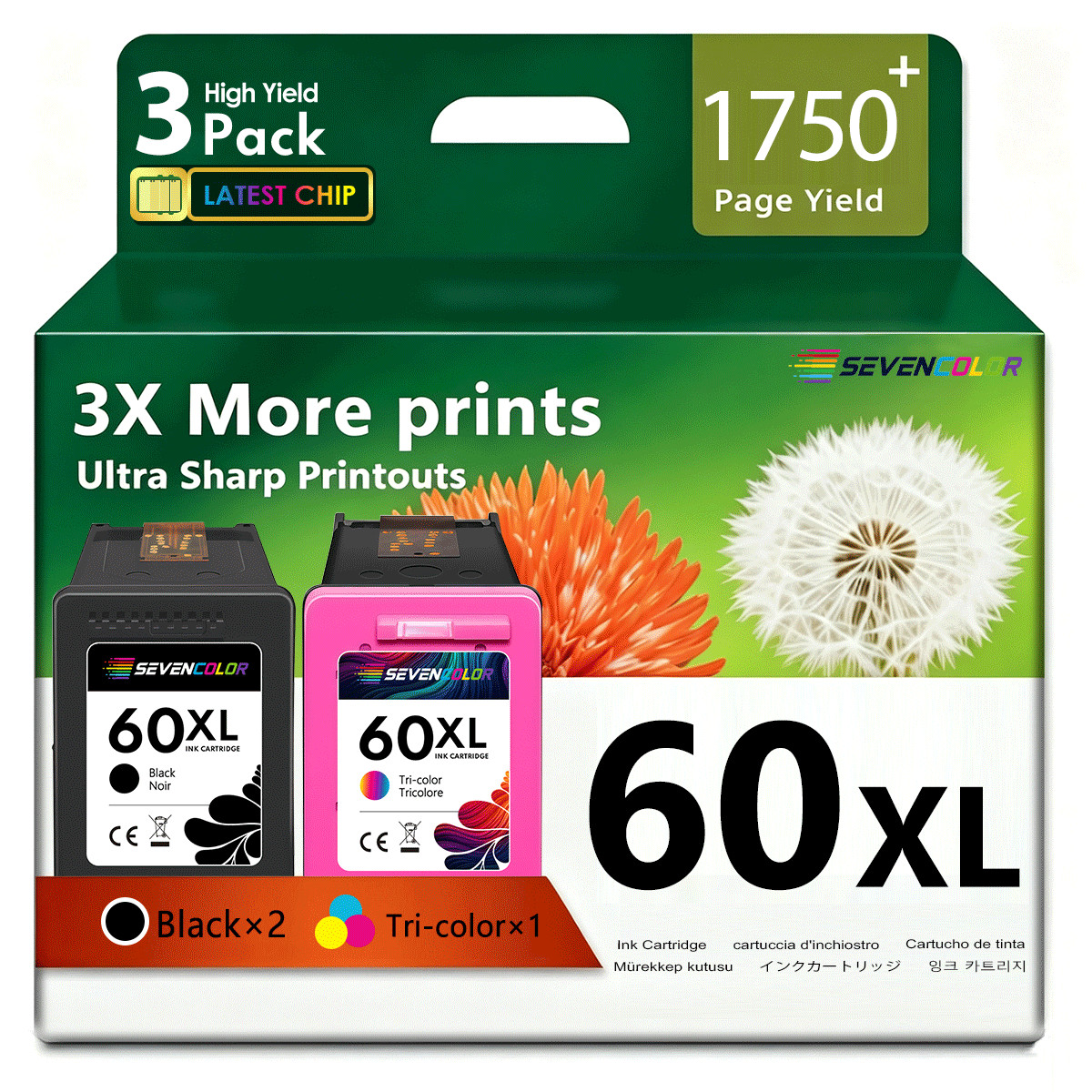 60XL Ink Cartridges 3-Pack Combo (2 Black & Tri-Color) | High Yield & Vivid Pack