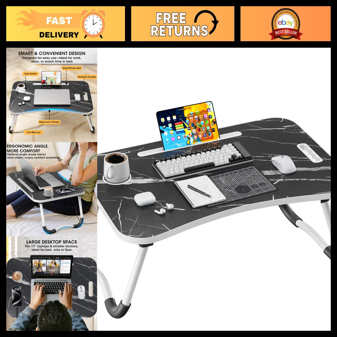 Portable Folding Lap Desk - 23.6" Wood Bed Table with Cup Holder for Work, Readi