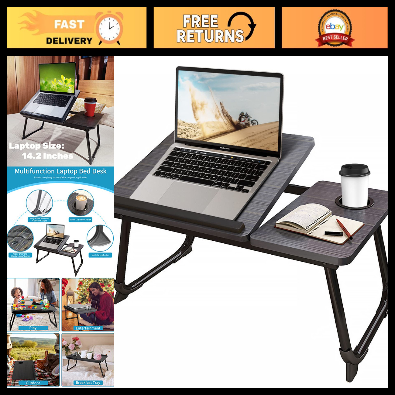 Portable Laptop Desk for Bed & Couch, Folding Lap Desk with Cup Holder, Home Off