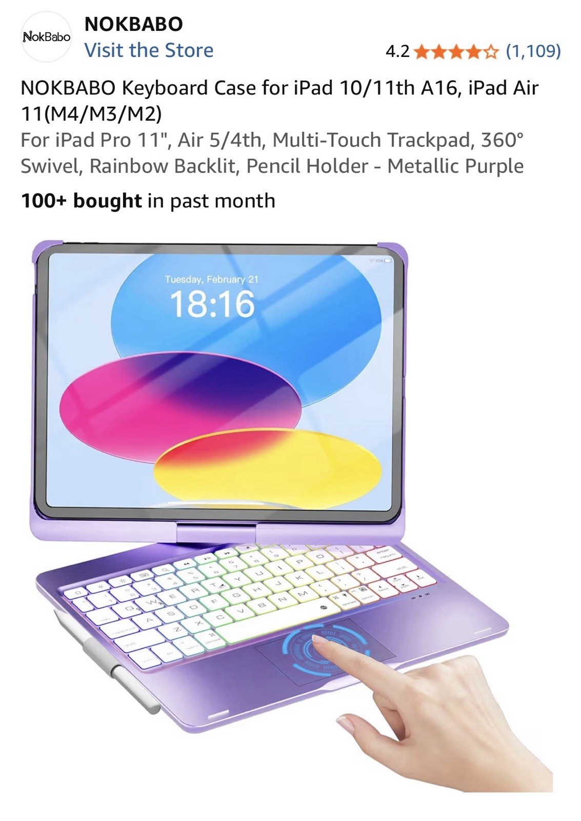 Keyboard Case Rotatable Touchpad for iPad 10/11th A16, iPad Air 11(M4/M3/M2) 11”