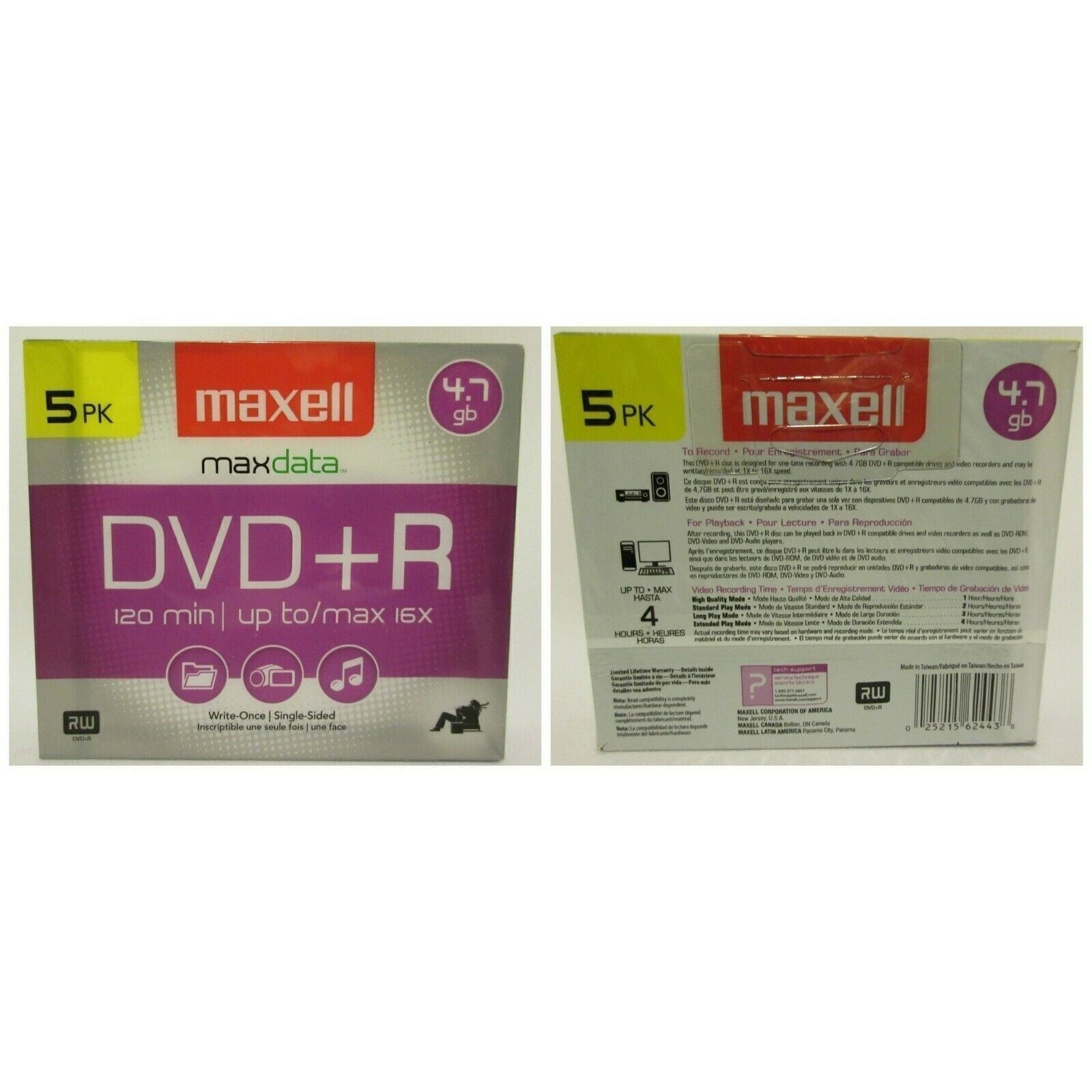 Maxell Max Data DVD+R 120 Min. Up To/Max 16X up to 4 Hrs 4.7gb Single Sided 5 PK