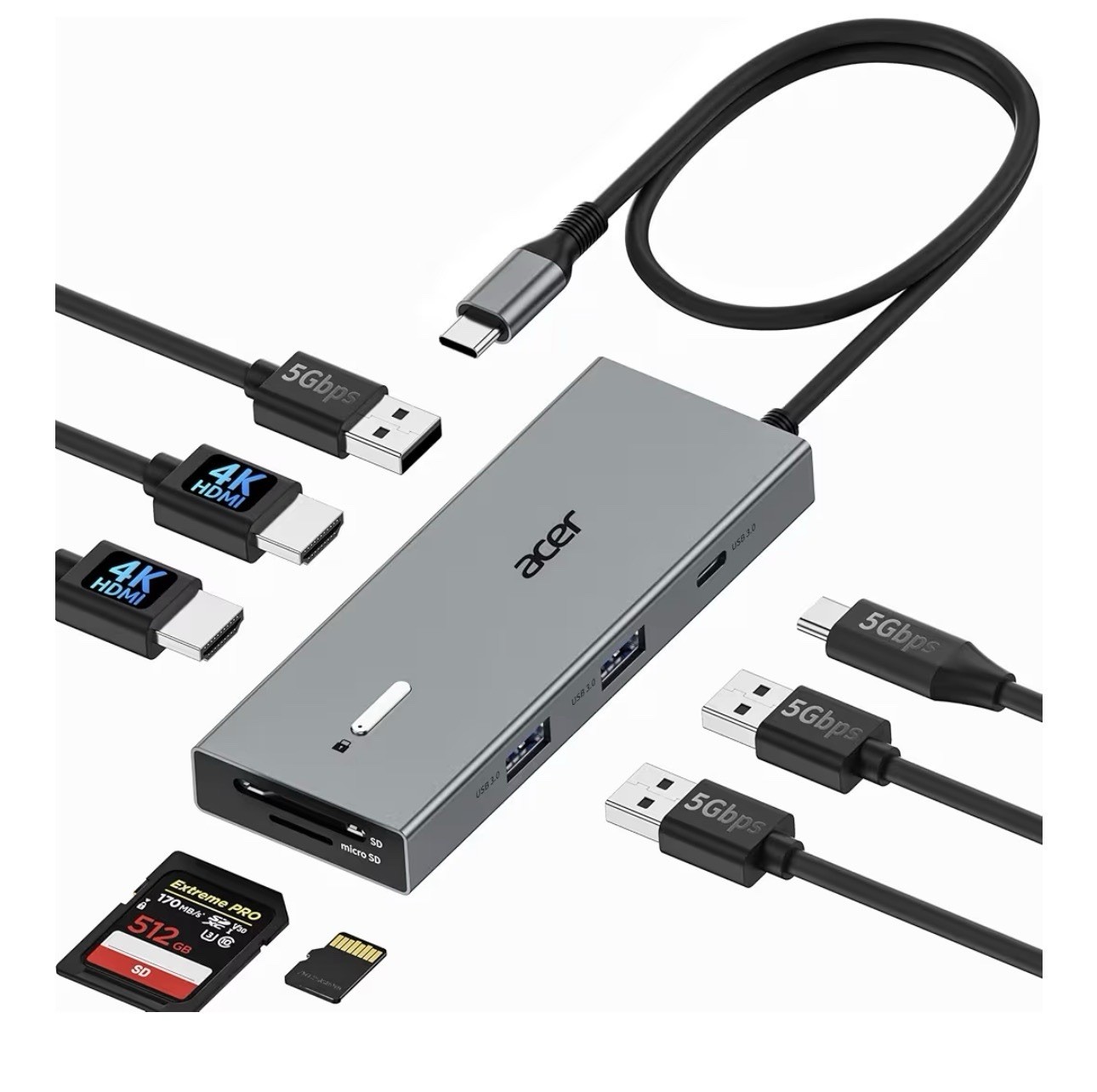 Acer USB-C Docking Station Dual Monitor, 9-in-1 Laptop Dock with 2 2FT, black