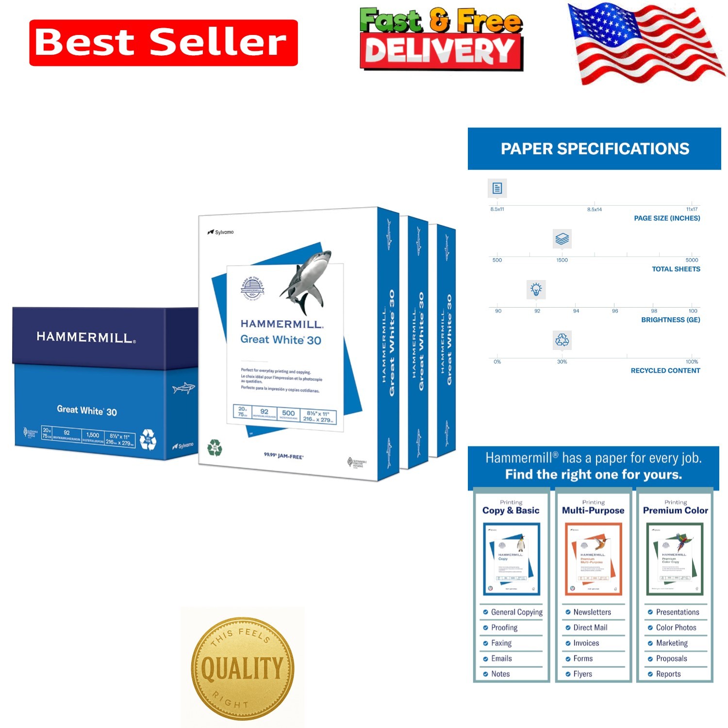 Great White Recycled Printer Paper 30% - 1,500 Sheets, 8.5x11 - 92 Brightness