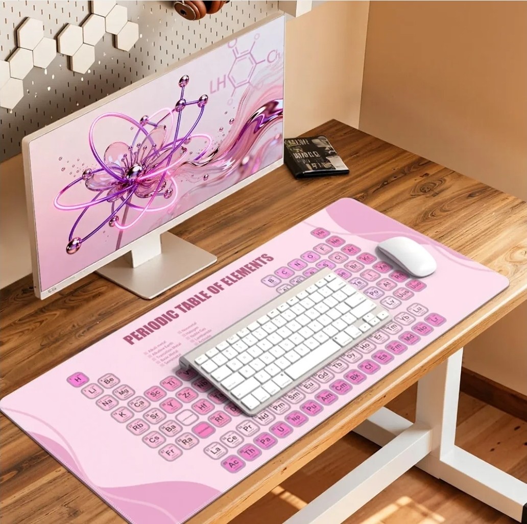 Pink Desktop Mat, Periodic Table of The Elements Desk Cover Protector 35.4 x 15"
