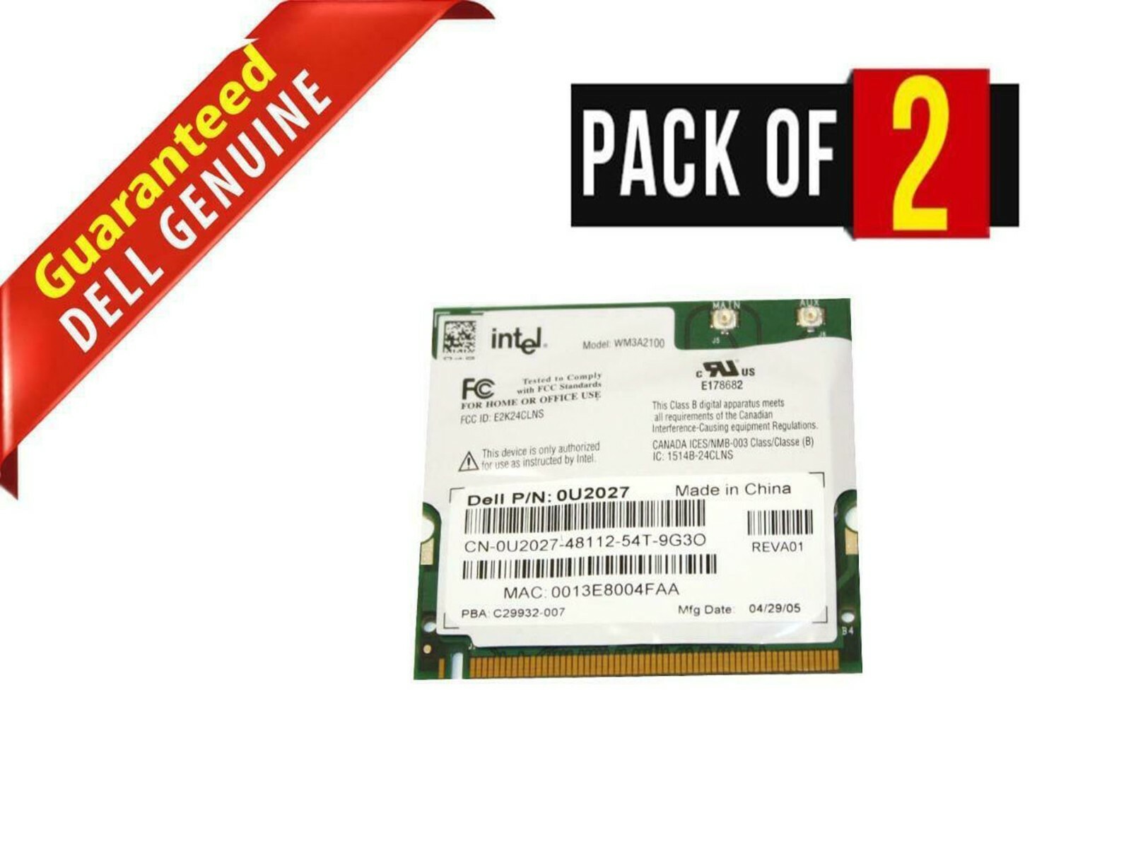 Lot of 2 Dell Intel Pro / Wireless 802.11b Mini PCI Wireless Card U2027 WM3A2100