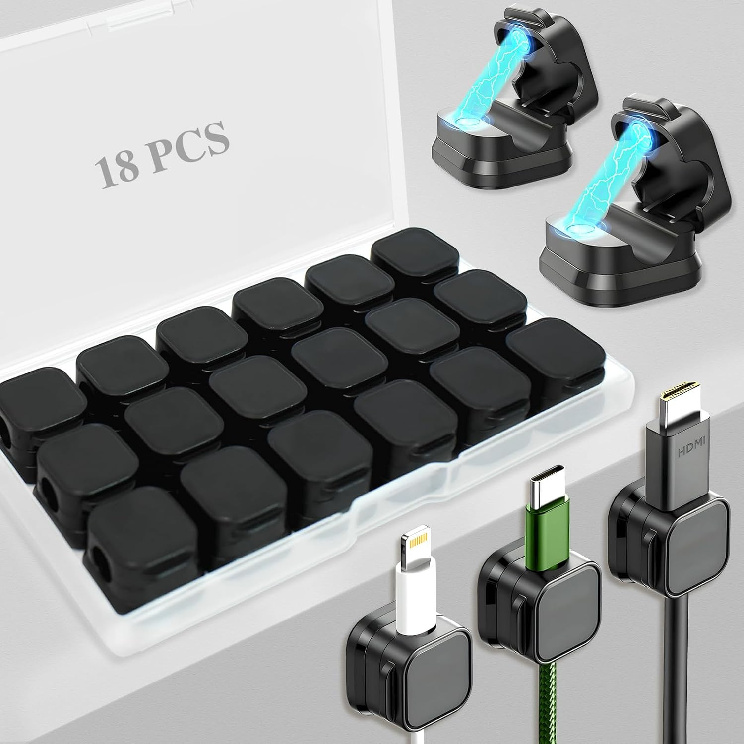 18 Pack Cord Organizer Holder, Magnetic Cable Clips Management, (Black）
