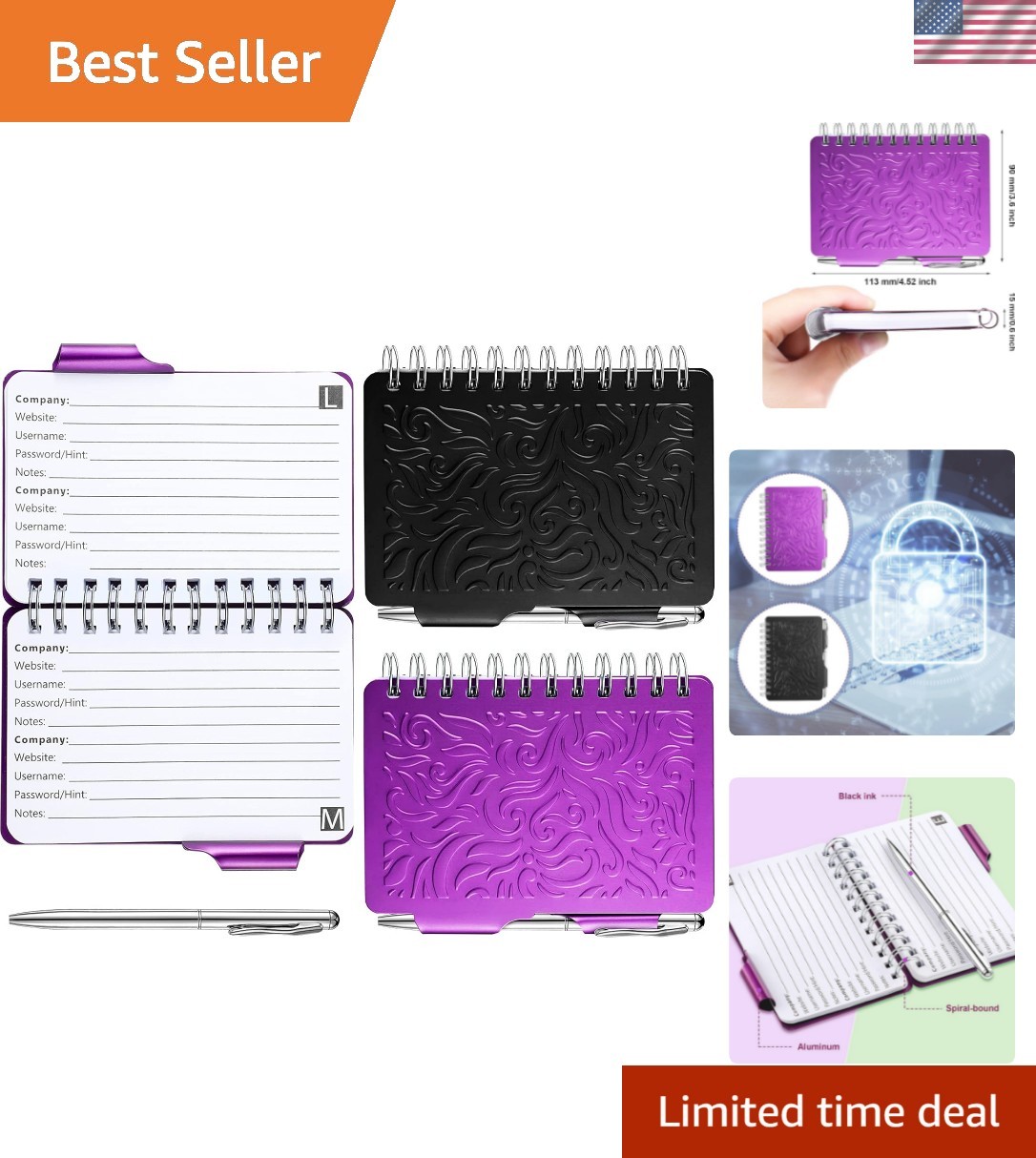 2 Pcs Mini Password Book Keeper with Pen,Black, Purple