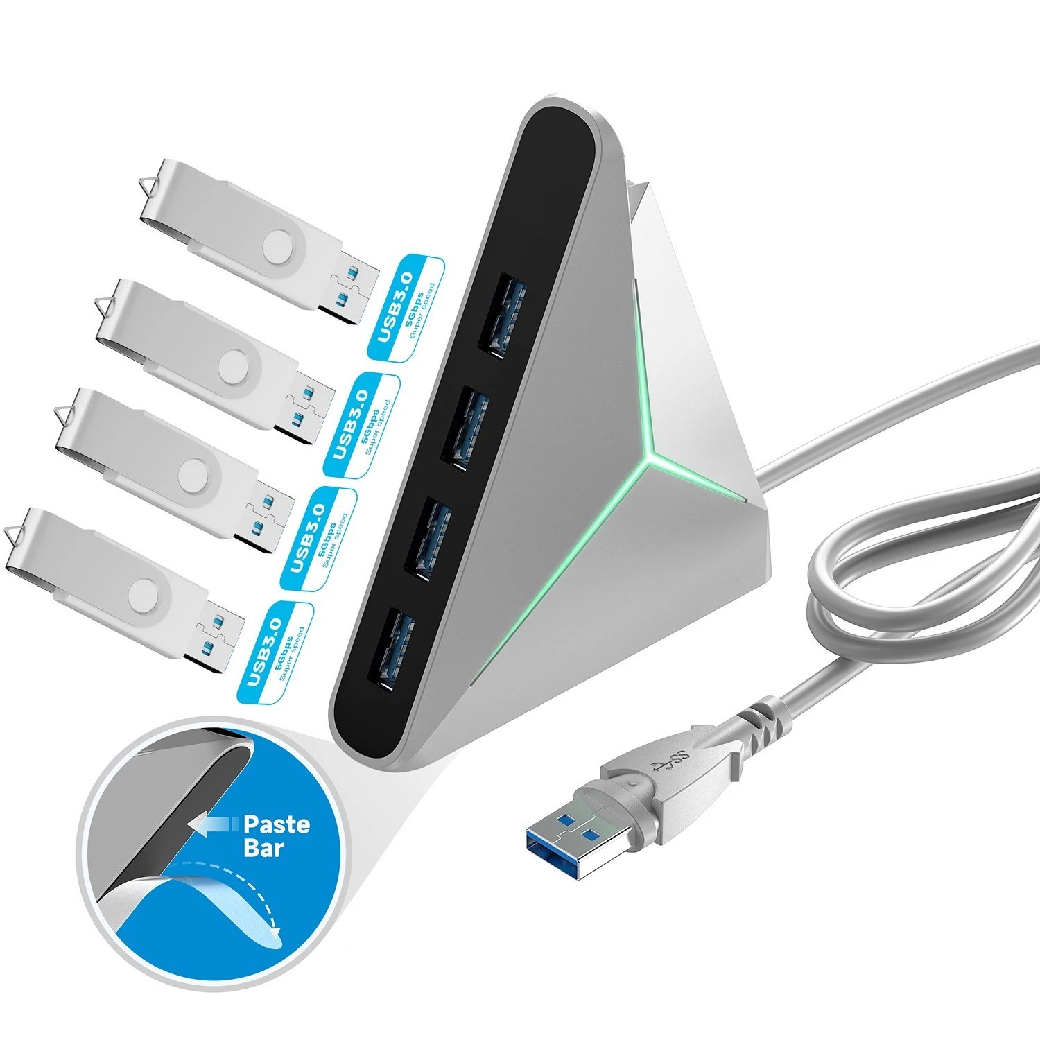 USB 3.0 Hub 4 Ports USB A 5Gbps Splitter Long Cable Expander LED Light Docking