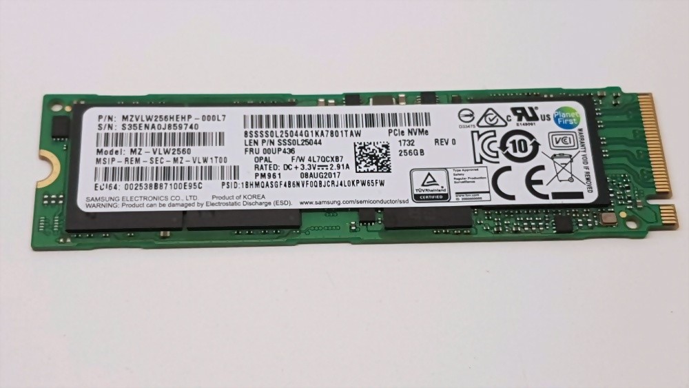 256GB Samsung PM961 MZVLW256HEHP NVMe M.2 2280 SSD, TLC Storage, BULK, 100% OK