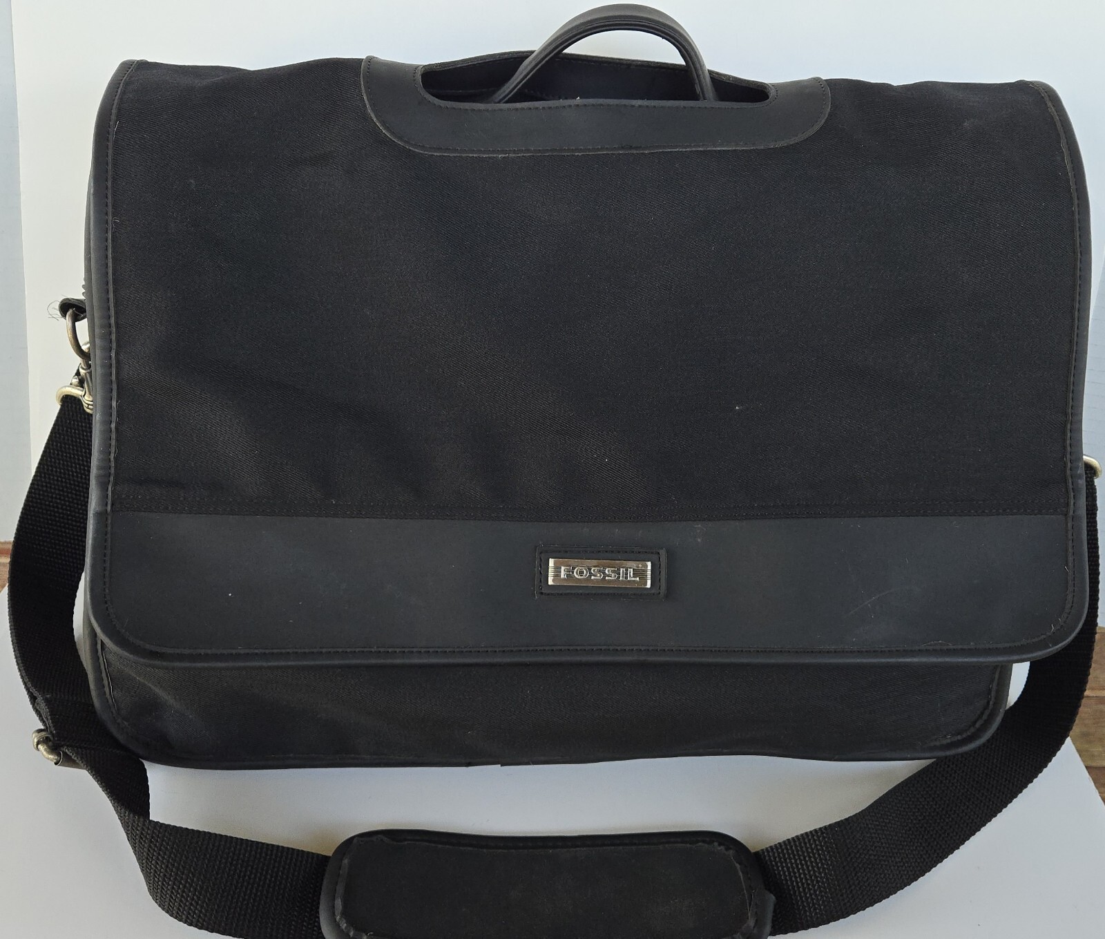 Fossil Black Leather and Canvas Laptop Messenger Bag Carry By Crossbody/Handle