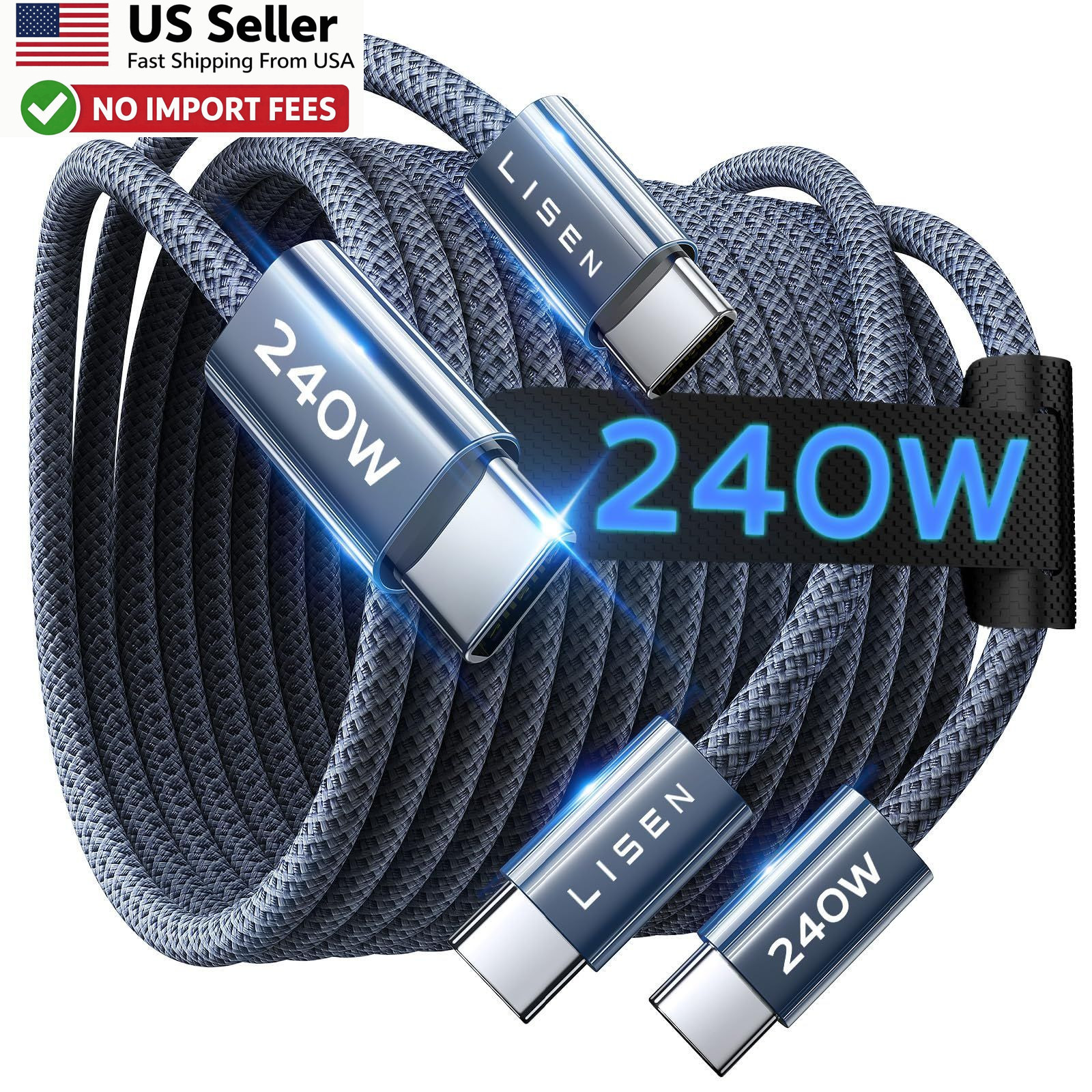 LISEN USB C to USB C Cable 240W Fast Charging 6.6FT 2 Pack Durable Cord FROM USA