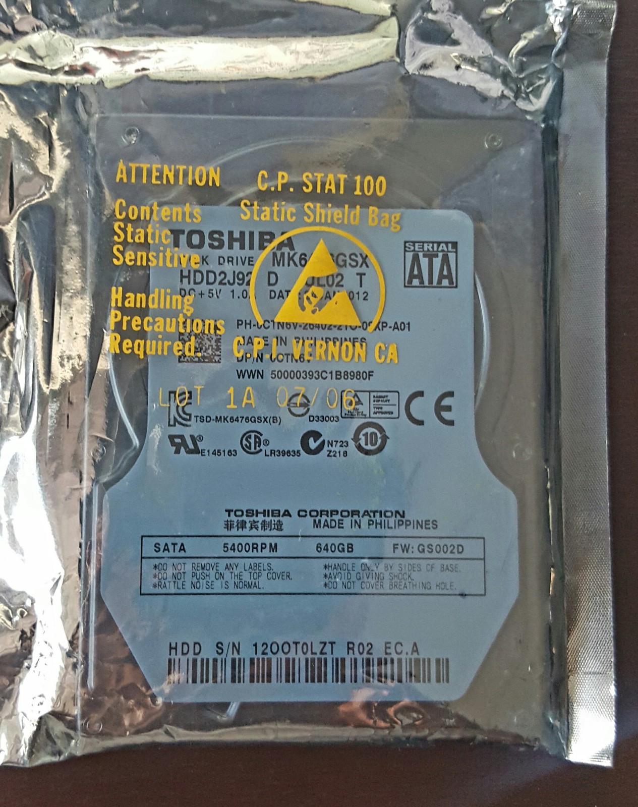 TOSHIBA 2.5" 640GB SATA HARD DRIVE SEALED