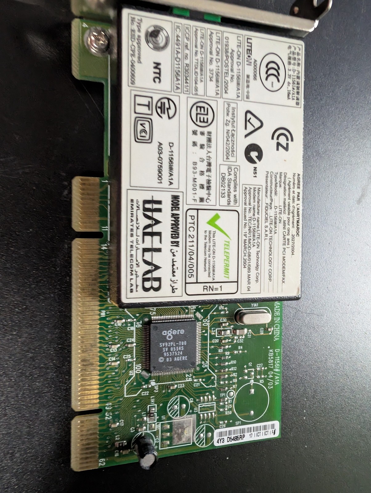 HP 56K V.92 PCI Data Fax Modem Card 361286-021 360358-003 Lite-On D-1156M