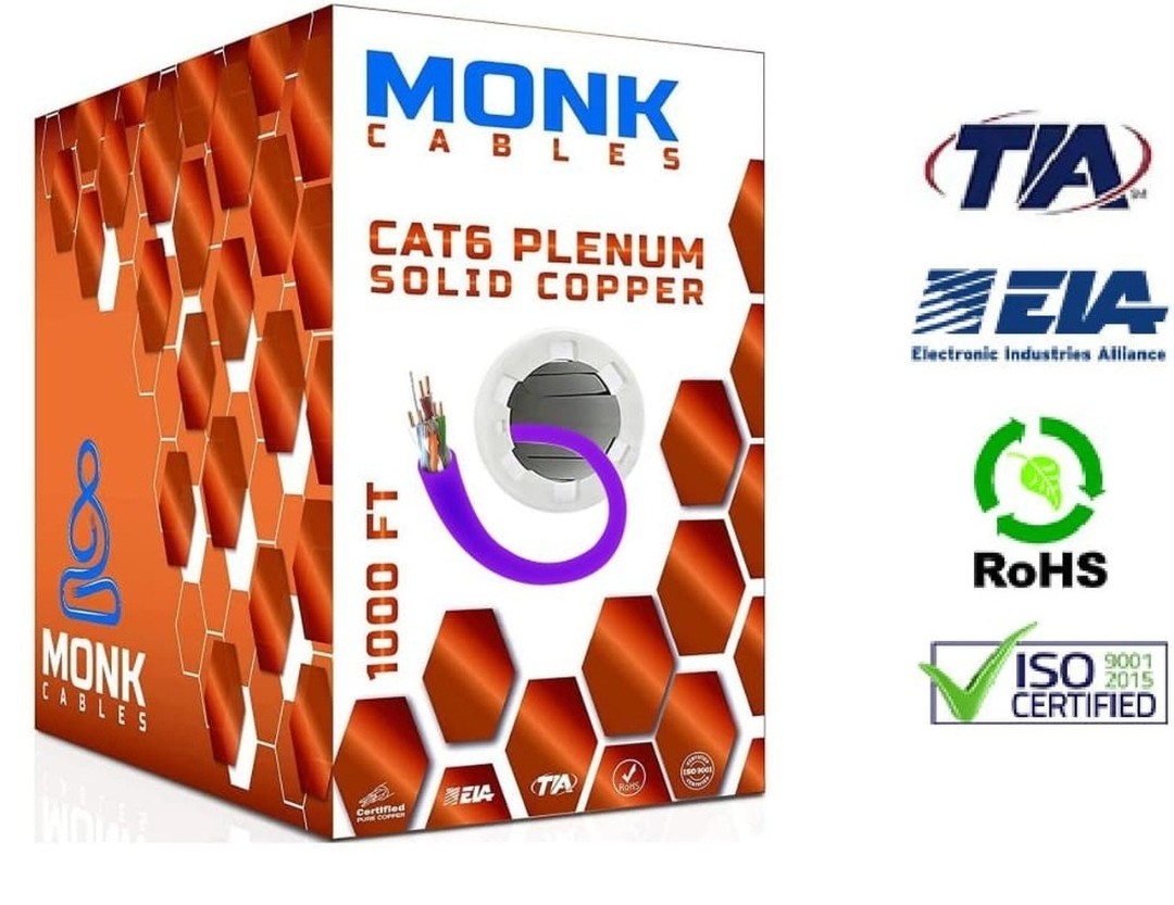 Monk Cables CAT6 Plenum Rated Solid Copper UTP Ethernet Cable 1000ft Violet