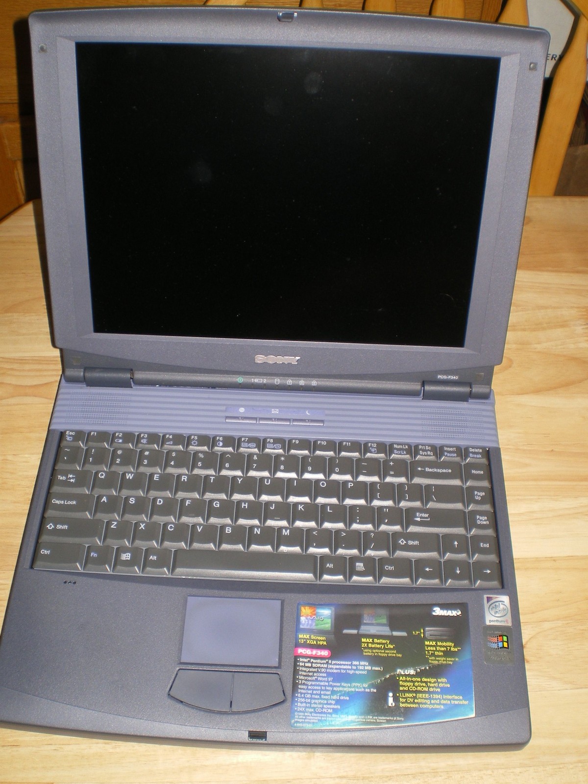 Vintage Sony Vaio PCG-F340 Notebook Laptop Computer Windows PC no Charger Works