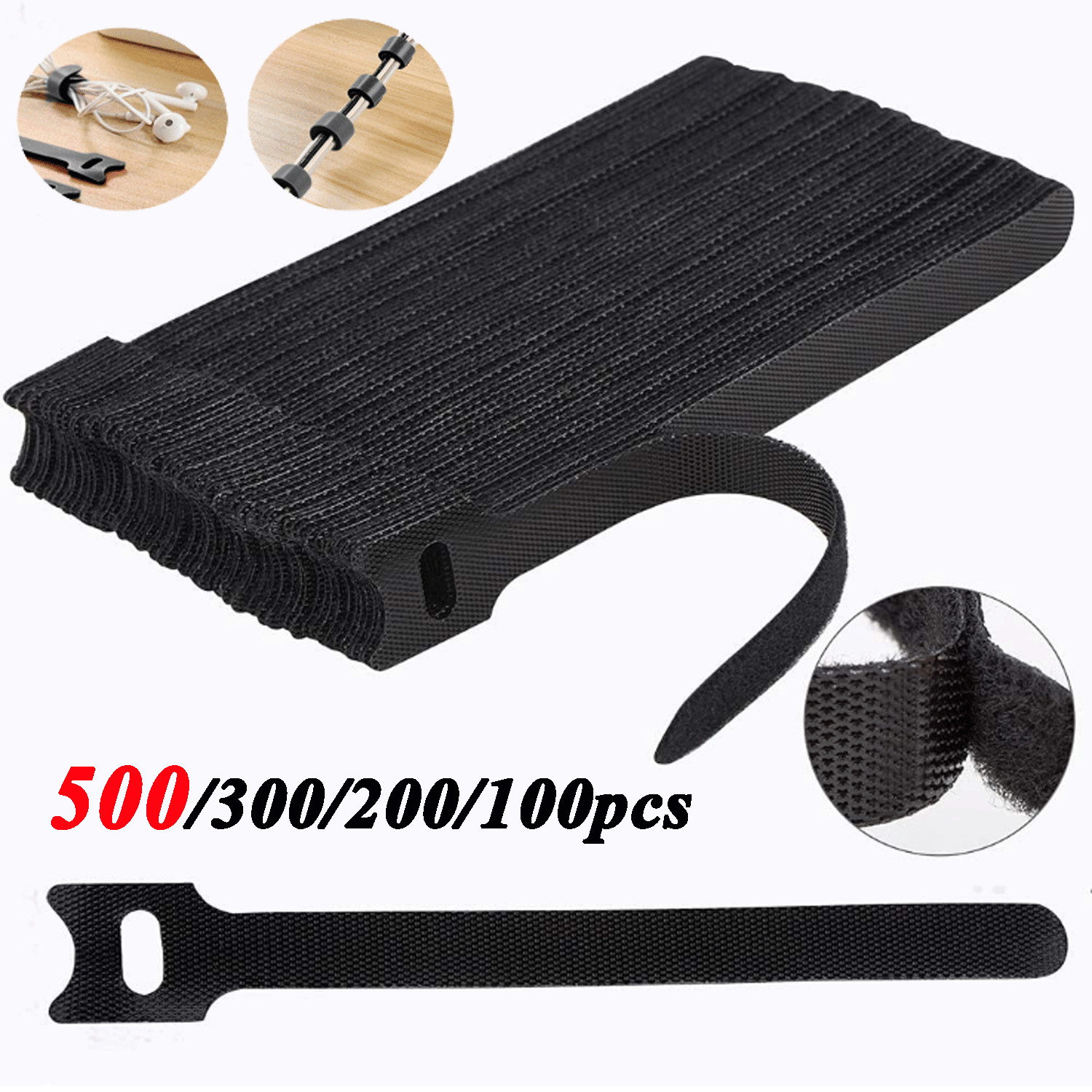 100Pcs Cable Straps Black Wire Cord Hook Loop Ties Reusable Fastening Organizer