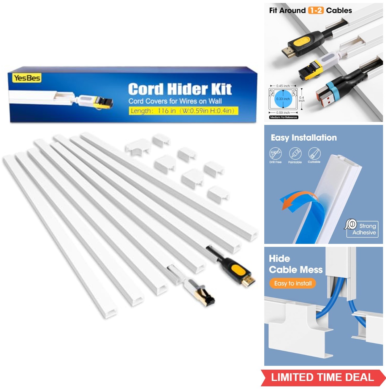 Cord Hider Kit 116in Cable Raceway White Self Adhesive Paintable Cuttable Wall