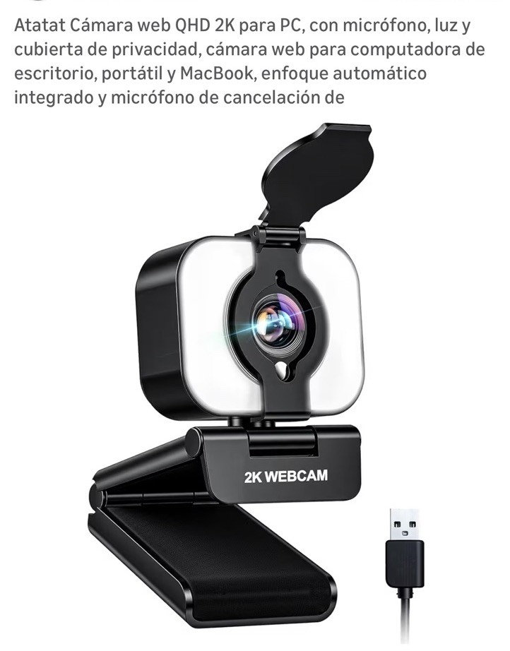 Atatat QHD 2K Webcam USB Clip-On Autofocus Microphone Privacy Cover Black