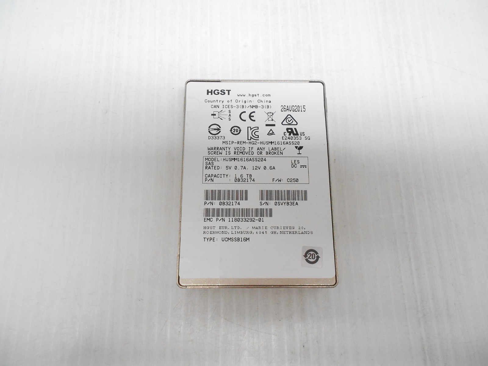 HGST 1.6TB SSD SAS 2.5" 12Gbps Server JBOD Hard Drive HUSMM1616ASS204 Dell HP