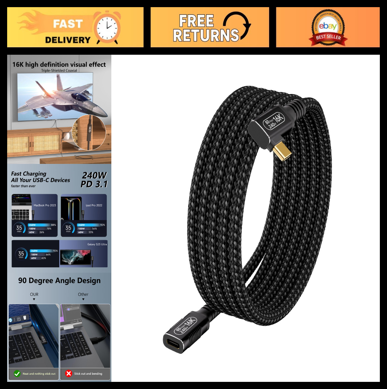 6.6ft USB4 Extension Cable 90-Degree Right Angle, 80Gbps, 16K Dual 8K@60Hz, 240W