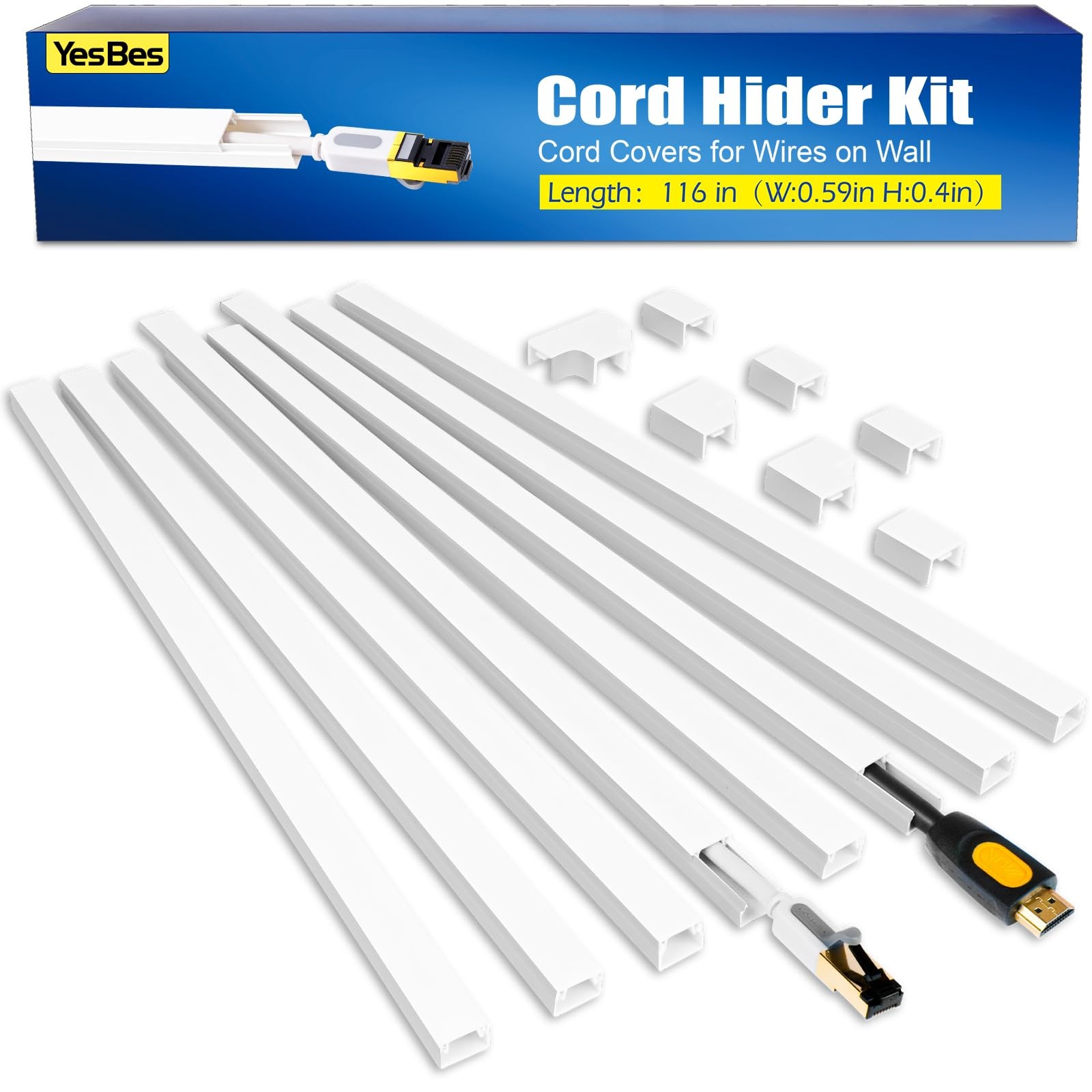 YesBes 116in Cord Hider Kit, Covers for Wires on Wall, 116in, 