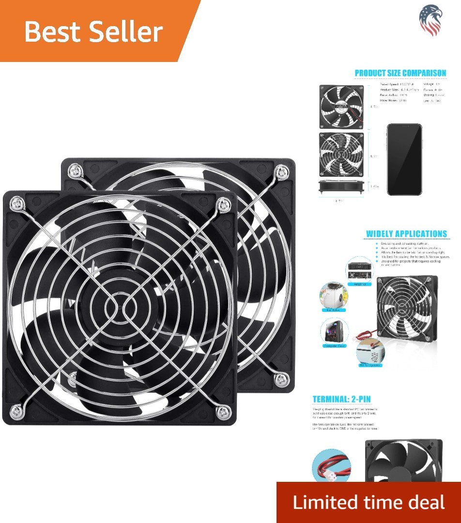 2-Pack 120mm 12V DC Computer Cooling Fan Quiet 1500RPM 58CFM Plastic