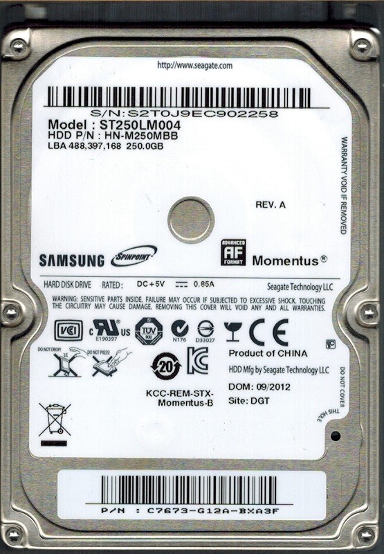 Samsung ST250LM004 HN-M250MBB 250GB P/N: C7673-G12A-BXA3F